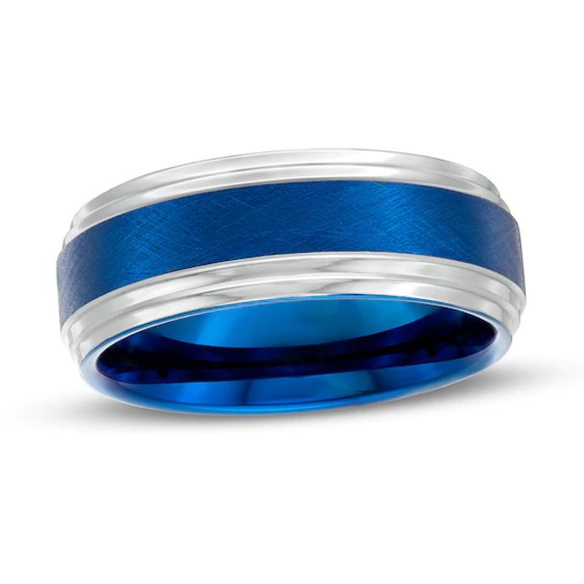 Men's 8.0mm Double Stepped Edge Comfort-Fit Wedding Band in Tungsten and Blue Ion-Plate - Size 10