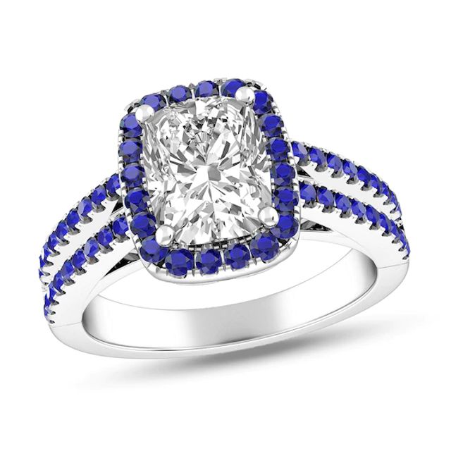 Elongated Cushion-Cut White Topaz and Blue Sapphire Frame Double Row Ring in Sterling Silver