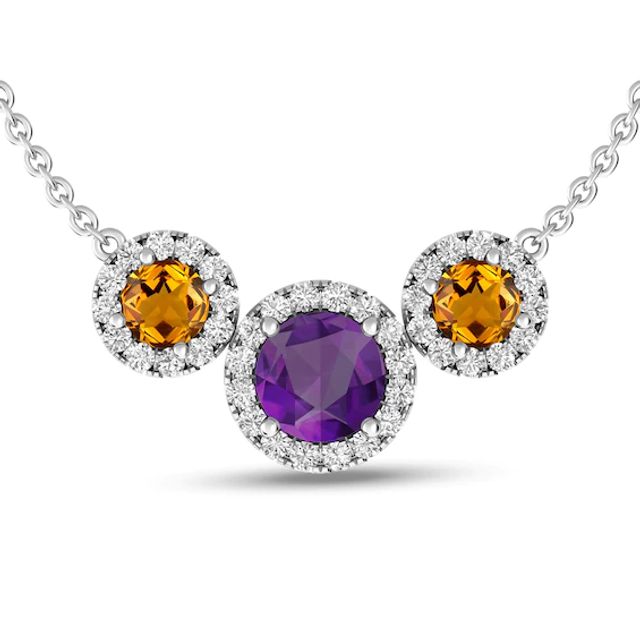 Amethyst, Citrine and White Topaz Frame Three Stone Necklace in Sterling Silver