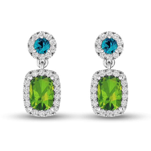 Elongated Cushion-Cut Peridot, London Blue and White Topaz Frame Dangle Drop Earrings in Sterling Silver