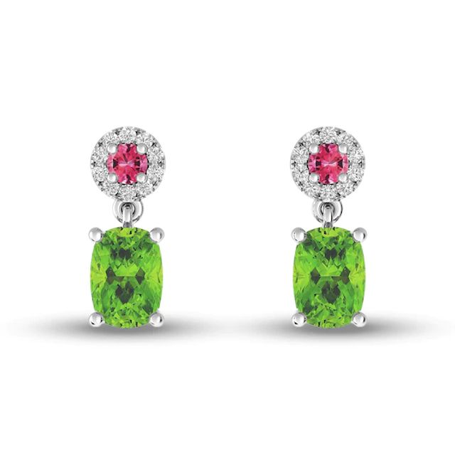 Elongated Cushion-Cut Peridot, Tourmaline and White Topaz Frame Dangle Drop Earrings in Sterling Silver