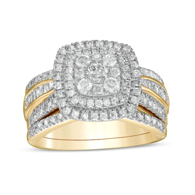 1-1/4 CT. T.w. Baguette and Round Multi-Diamond Double Cushion-Shape Frame Bridal Set in 10K Gold