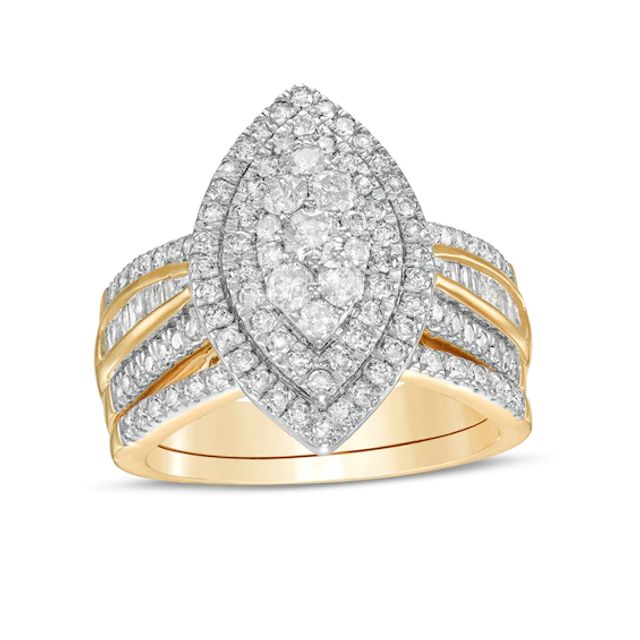 1-1/4 CT. T.w. Composite Baguette and Round Diamond Double Marquise-Shape Frame Bridal Set in 10K Gold