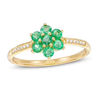 Emerald and Diamond Accent Flower Cluster Ring in 10K Gold