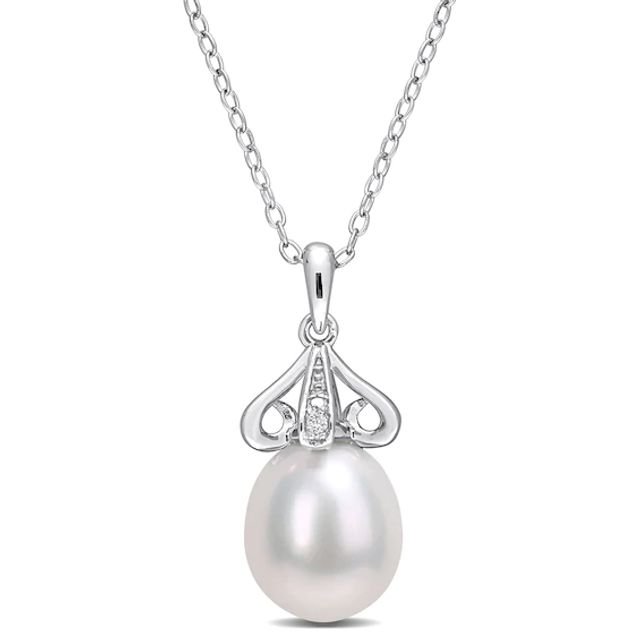 8.5-9.0mm Oval Freshwater Cultured Pearl and Diamond Accent Scroll Petal Flower Drop Pendant in Sterling Silver