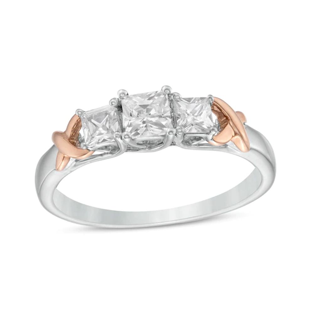 5/8 CT. T.w. Princess-Cut Diamond Three Stone Rose-Tone "X" Shank Ring in 10K Two-Tone Gold