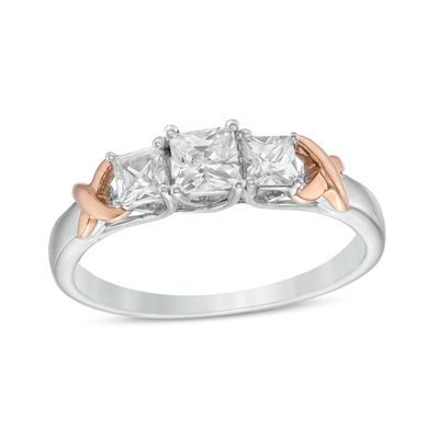 5/8 CT. T.w. Princess-Cut Diamond Three Stone Rose-Tone "X" Shank Ring in 10K Two-Tone Gold