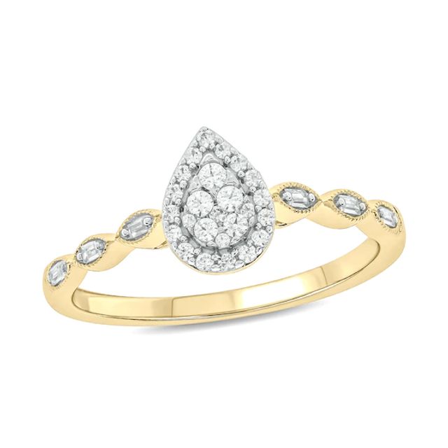 1/5 CT. T.w. Composite Baguette and Round Diamond Pear-Shaped Frame Scallop Shank Promise Ring in 10K Gold