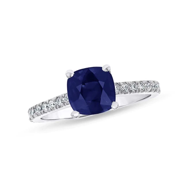 5.0mm Cushion-Cut Blue Sapphire and 1/3 CT. T.w. Diamond Ring in 14K White Gold