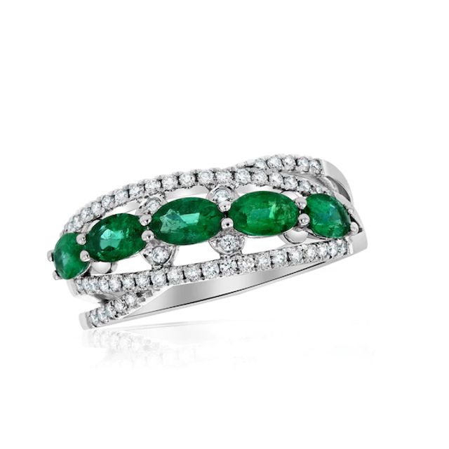 Sideways Oval Emerald and 1/4 CT. T.w. Diamond Five Stone Ring in 14K White Gold