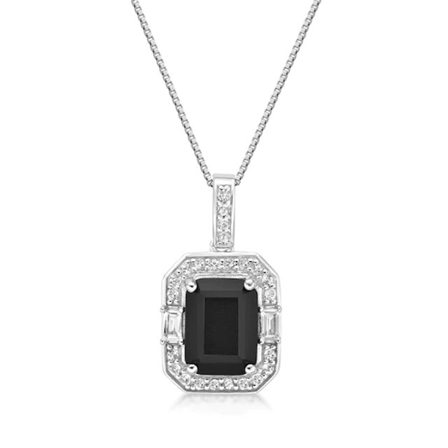 Emerald-Cut Onyx and White Topaz Octagon Frame Pendant in Sterling Silver