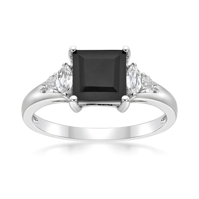Princess-Cut Onyx and Multi-Shape White Topaz Ring in Sterling Silver
