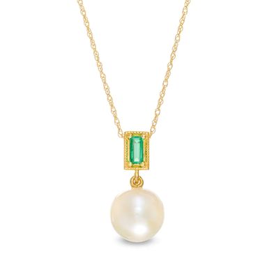 8.0mm Freshwater Cultured Pearl and Baguette Emerald Vintage-Style Drop Pendant in 10K Gold