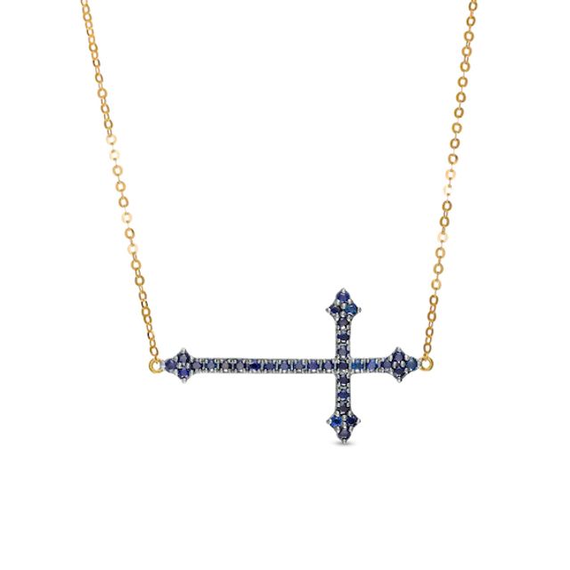 Blue Sapphire Sideways Gothic-Style Cross Necklace in 10K Gold