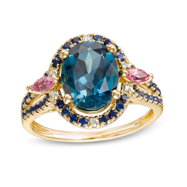 Captivating Color London Blue Topaz, Rhodolite Garnet, Blue Sapphire and Diamond Accent Frame Split Shank Ring in 14K Gold