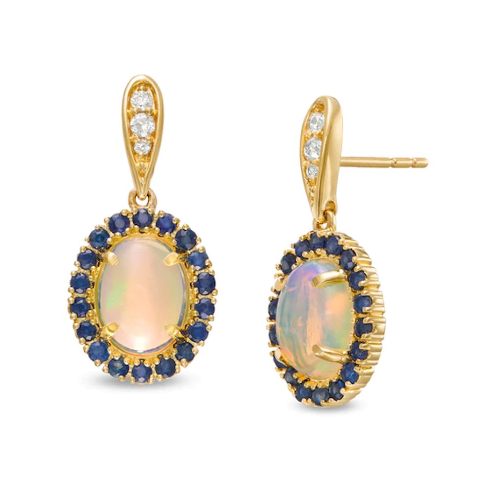 Captivating Color Oval Opal, Round Blue Sapphire and 1/20 CT. T.w. Diamond Frame Drop Earrings in 14K Gold