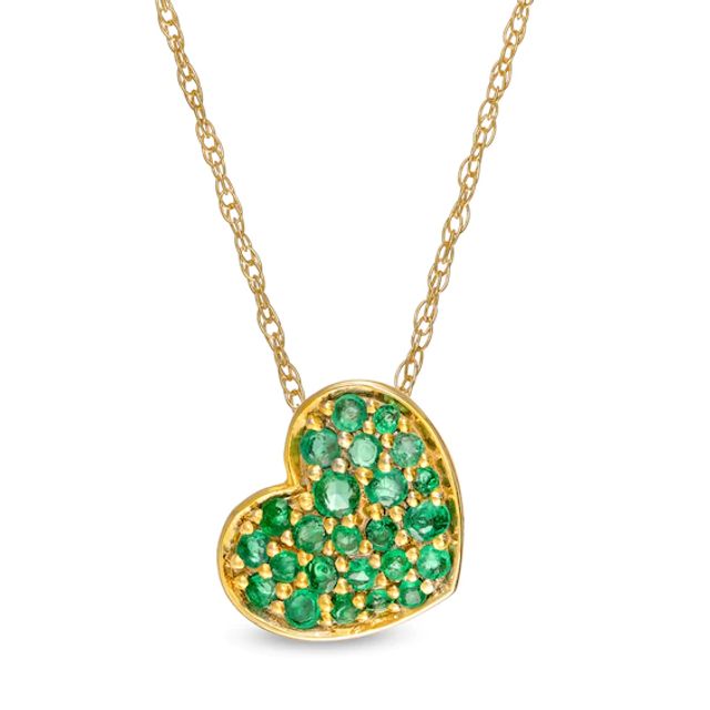 Emerald Cluster Tilted Heart Pendant in 10K Gold