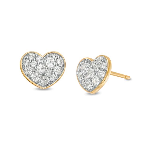 White Topaz Cluster Heart Stud Earrings in 10K Gold