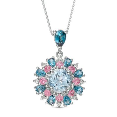 Captivating Color Aquamarine, Pink Spinel, London Blue Topaz and 1/20 CT. T.w. Diamond Drop Pendant in 14K White Gold