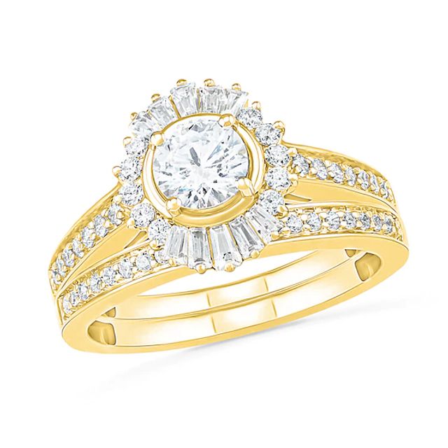 1 CT. T.w. Baguette and Round Diamond Sunburst Frame Bridal Set in 10K Gold