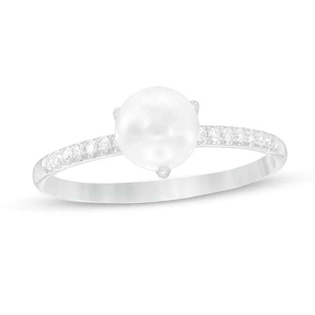 6.0-6.5mm Button Cultured Freshwater Pearl and 1/10 CT. T.w. Diamond Ring in 10K White Gold