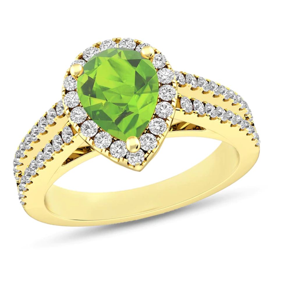Pear-Shaped Peridot and White Topaz Frame Double Row Split Shank Ring in 10K Gold