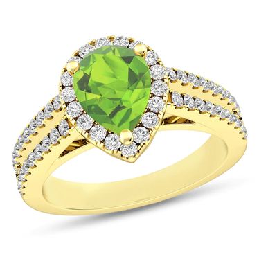 Pear-Shaped Peridot and White Topaz Frame Double Row Split Shank Ring in 10K Gold