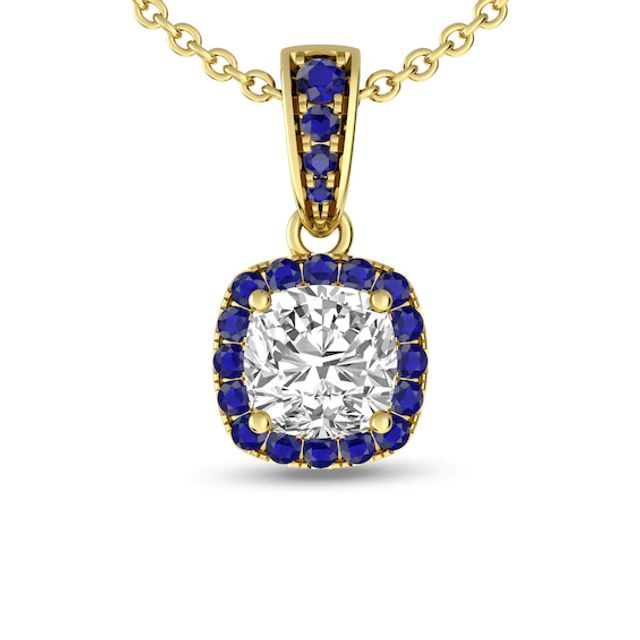 Cushion-Cut White Topaz and Blue Sapphire Frame Drop Pendant in 10K Gold