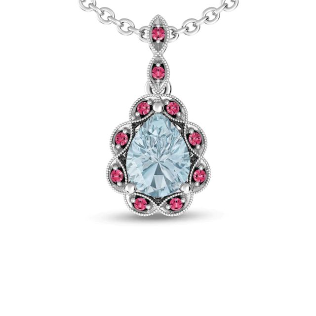 Pear-Shaped Aquamarine and Tourmaline Rope Frame Pendant in Sterling Silver