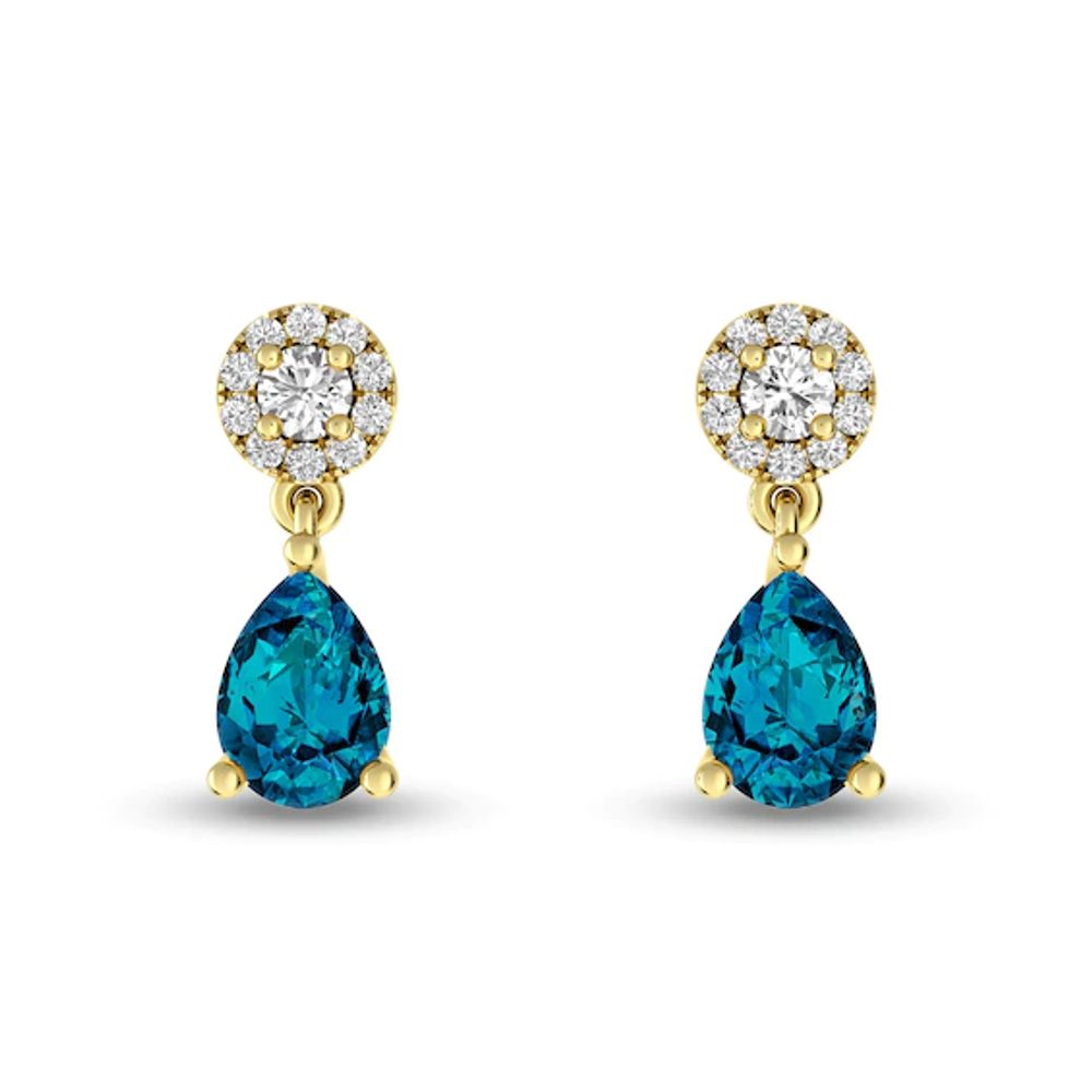 Pear-Shaped London Blue and White Topaz Frame Dangle Drop Earrings in 10K Gold
