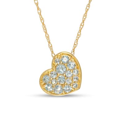Aquamarine Cluster Tilted Heart Pendant in 10K Gold
