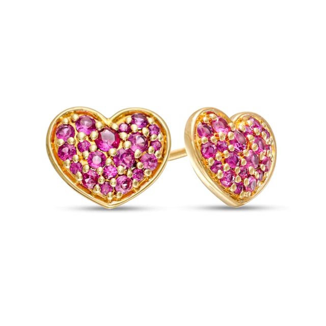 Ruby Cluster Heart Stud Earrings in 10K Gold