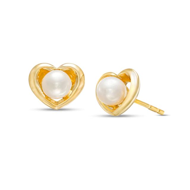 4.0-4.5mm Freshwater Cultured Pearl Heart Frame Stud Earrings in 10K Gold