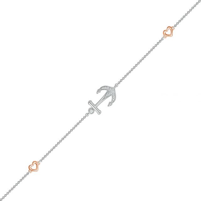 1/20 CT. T.w. Diamond Heart and Anchor Anklet in Sterling Silver and 10K Rose Gold â 10"