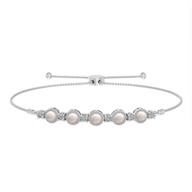 Freshwater Cultured Pearl, Lab-Created White Sapphire and Diamond Accent Frame Bolo Bracelet in Sterling Silver-9.5"