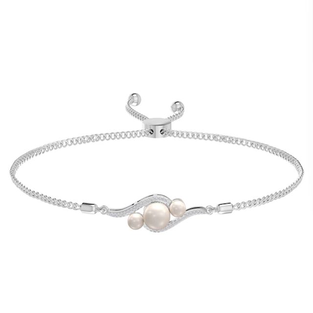 Freshwater Cultured Pearl and Diamond Accent Beaded Three Stone Slant Wave Bolo Bracelet in Sterling Silver-9.5"