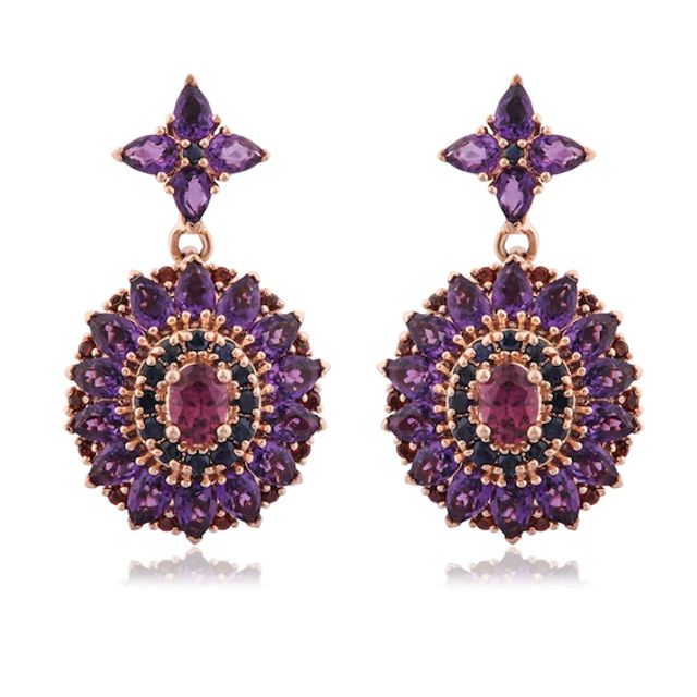 Captivating Color Oval Garnet, Round Blue Sapphire and Pear-Shaped Amethyst Frame Floral Drop Earrings in 14K Rose Gold