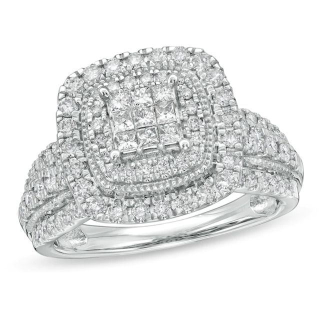 1 CT. T.w. Cushion-Shaped Multi-Diamond Double Frame Vintage-Style Engagement Ring in 10K White Gold