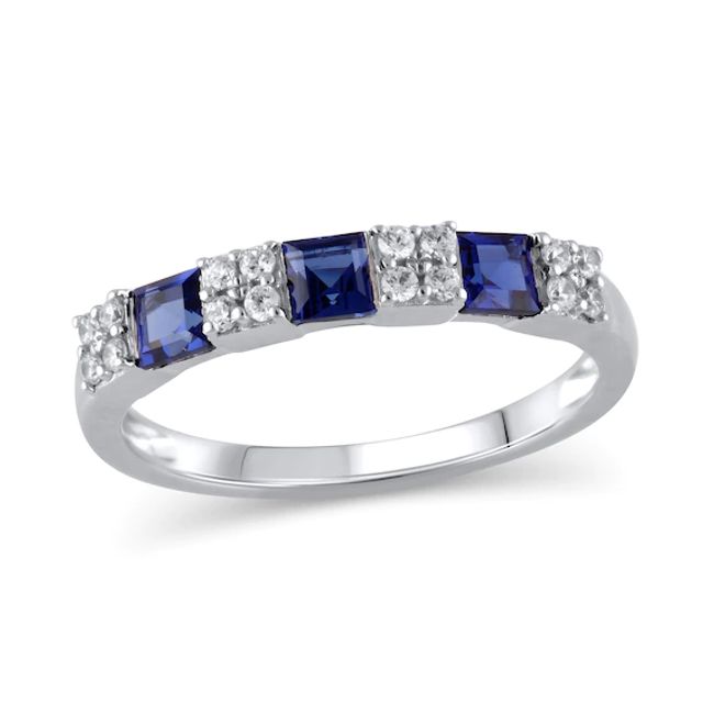 Princes-Cut Blue Sapphire and 1/6 CT. T.w. Diamond Quad Three Stone Alternating Ring in 10K White Gold