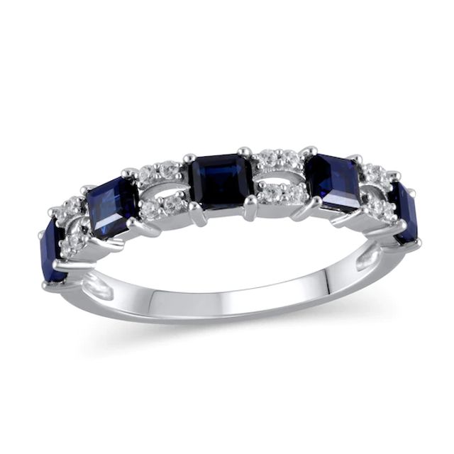 Princess-Cut Blue Sapphire and 1/10 CT. T.w. Diamond Split Duo Five Stone Alternating Ring in 10K White Gold