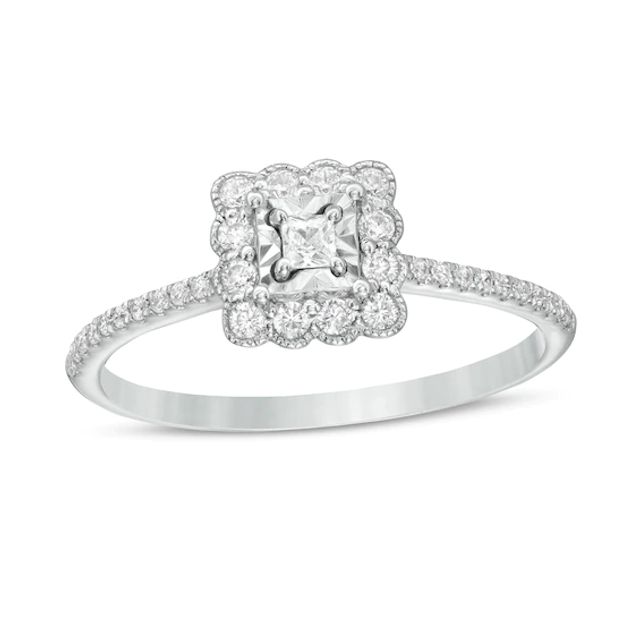 1/4 CT. T.w. Princess-Cut Diamond Scallop Edge Frame Vintage-Style Engagement Ring in 10K White Gold