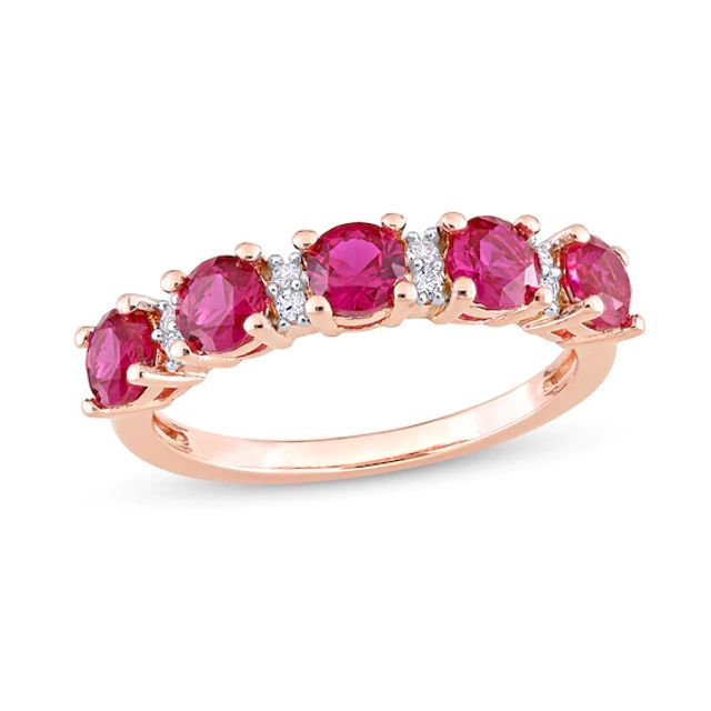 Lab-Created Ruby and White Lab-Created Sapphire Five Stone Duo Stackable Band in Sterling Silver with Rose Rhodium