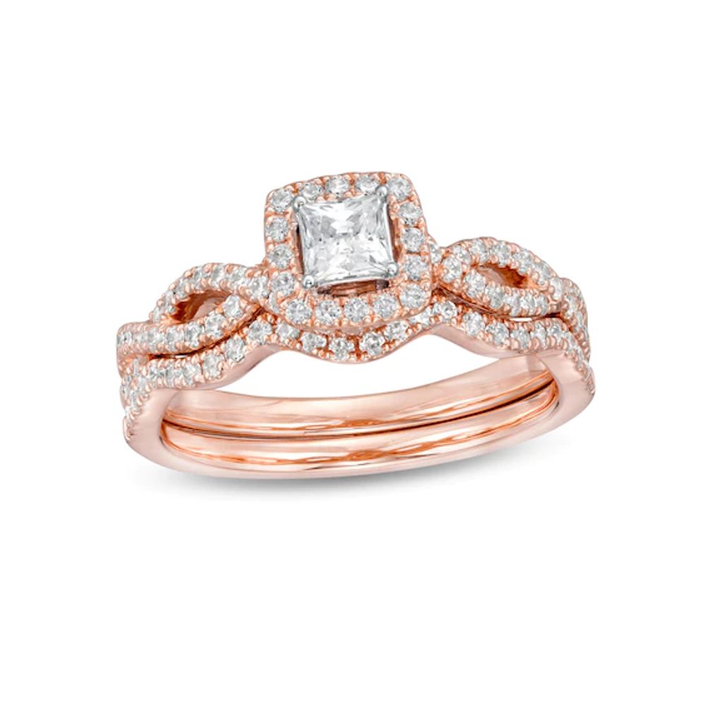 1 CT. T.w. Princess-Cut Diamond Frame Split Shank Bridal Set in 14K Rose Gold (I/I2)