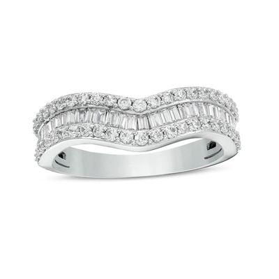 3/4 CT. T.w. Baguette and Round Diamond Contour Triple Row Anniversary Band in 14K White Gold