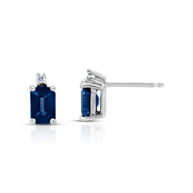 Emerald-Cut Blue Sapphire and Diamond Accent Stud Earrings in 14K White Gold