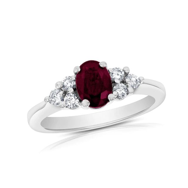 Oval Ruby and 1/3 CT. T.w. Diamond Tri-Sides Engagement Ring in 14K White Gold