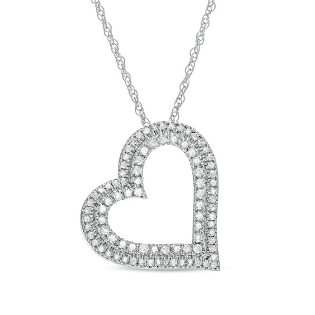 1/2 CT. T.w. Diamond Double Row Tilted Heart Pendant in 10K White Gold