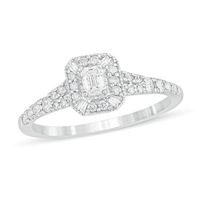 1/2 CT. T.w. Emerald-Cut Diamond Frame Vintage-Style Engagement Ring in 10K White Gold