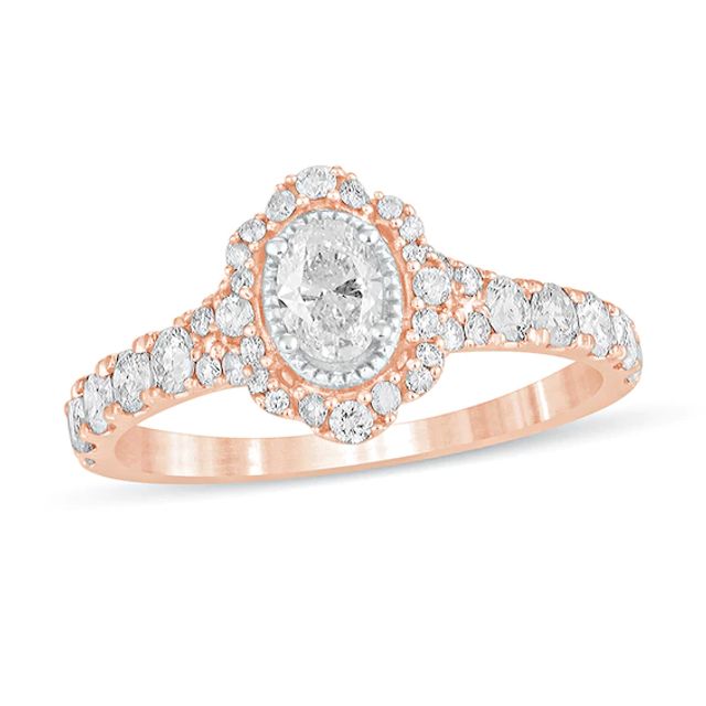 1 CT. T.w. Oval Diamond Scallop Frame Vintage-Style Engagement Ring in 14K Rose Gold