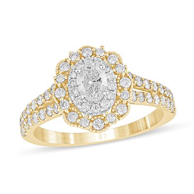 1 CT. T.w. Oval Diamond Double Scallop Frame Vintage-Style Engagement Ring in 14K Gold